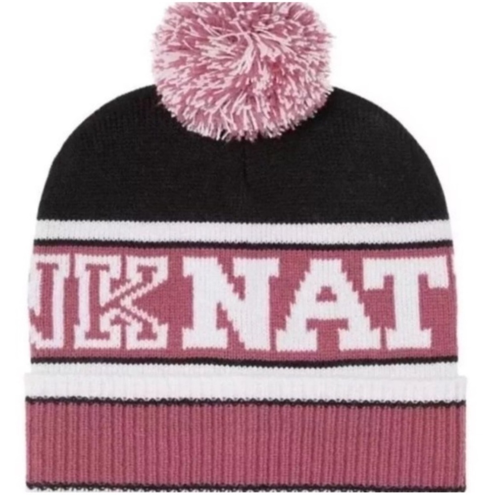 PINK Victoria's Secret Black and Pink Pom Pom Beanie